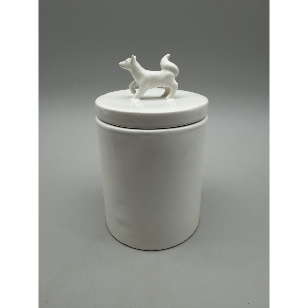 West Elm White Ceramic Canister w/ Dog Lid – Modern Kitchen Storage Jar